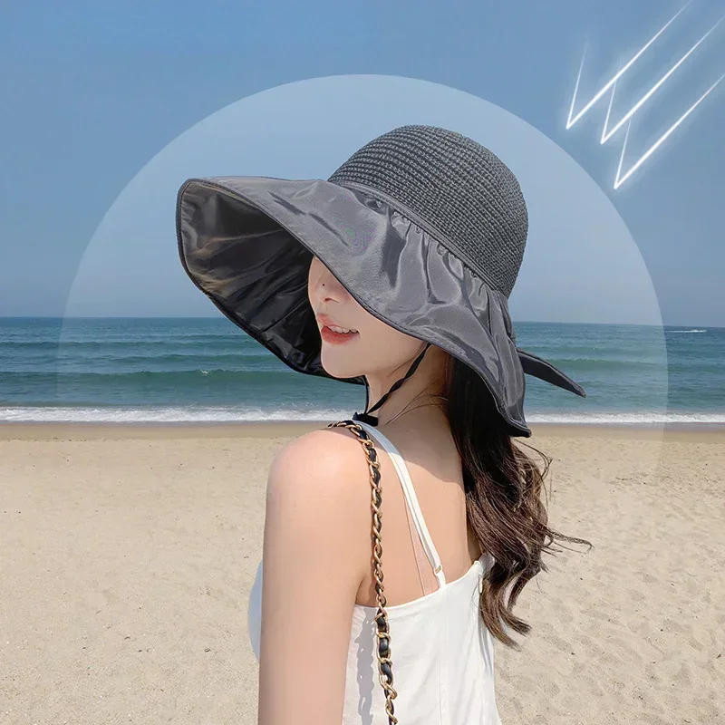 Summer Sun Hat Women's Straw Woven Anti Ultraviolet Sun Visor Hat with Big Brim Seaside Black Glue Breathable Bucket Hat Sun Hat thumbnail 2