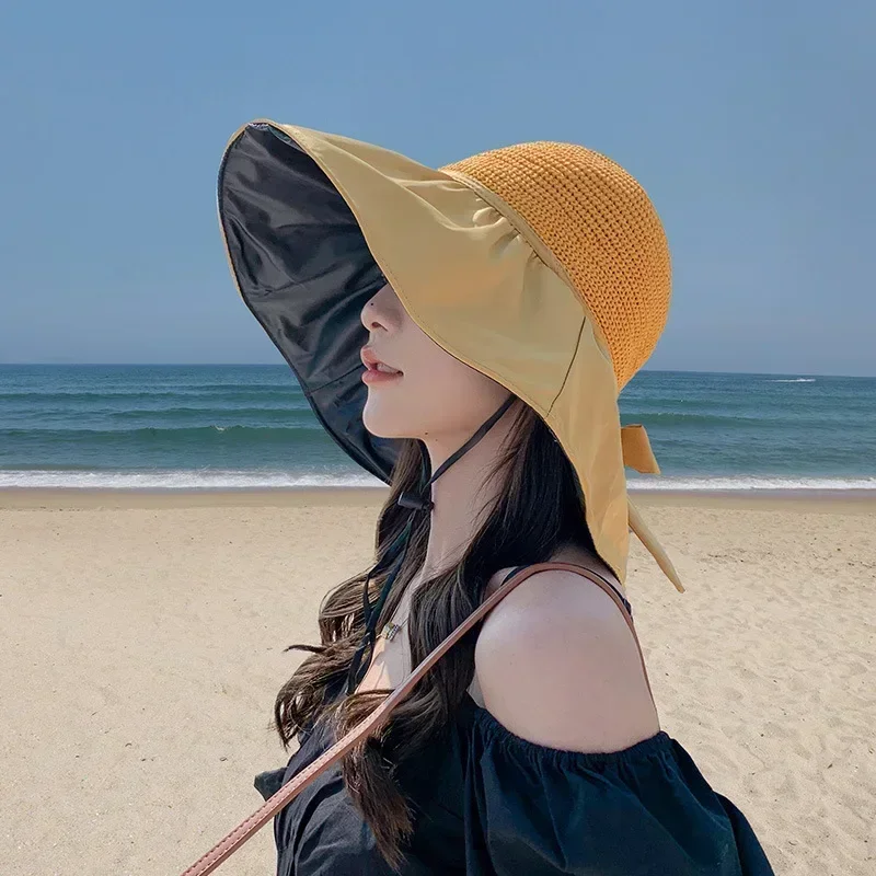 Summer Sun Hat Women's Straw Woven Anti Ultraviolet Sun Visor Hat with Big Brim Seaside Black Glue Breathable Bucket Hat Sun Hat thumbnail 6