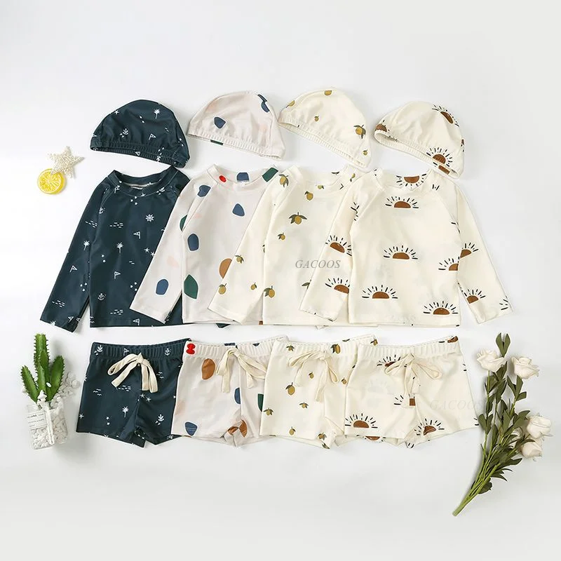 1-7T Summer Kids Boy Swimsuits Vacation Beach Pants Long sleeve Tops with Hat Toddler Sets SPF 50+ Children Surfing Swim Suit thumbnail 6