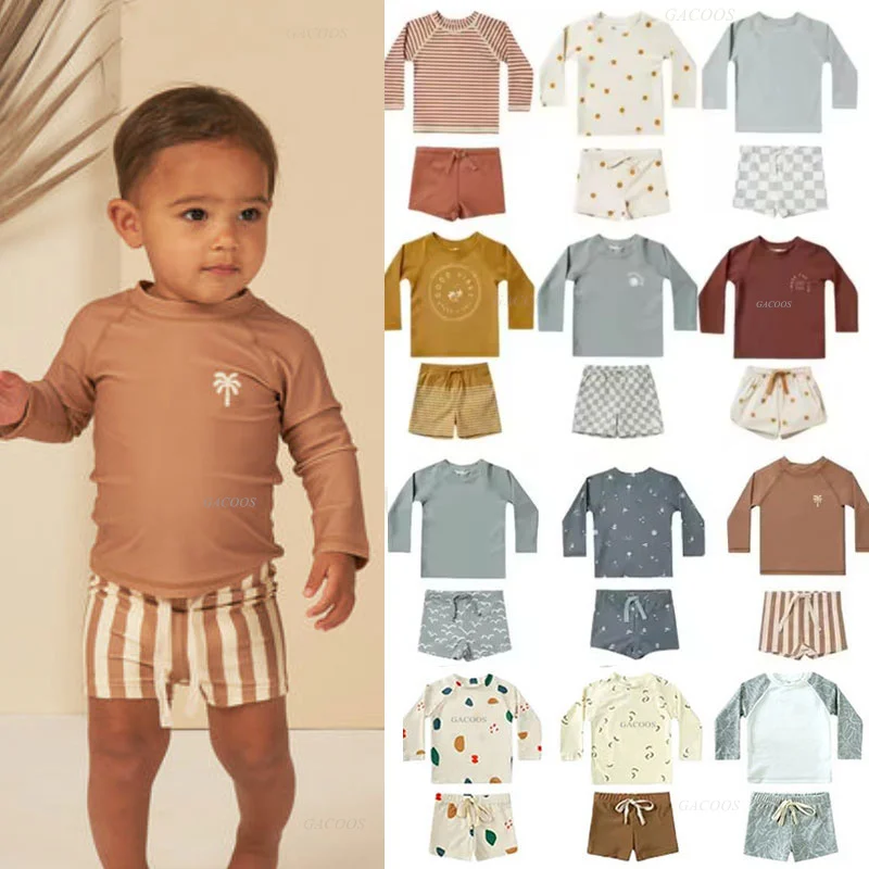 1-7T Summer Kids Boy Swimsuits Vacation Beach Pants Long sleeve Tops with Hat Toddler Sets SPF 50+ Children Surfing Swim Suit