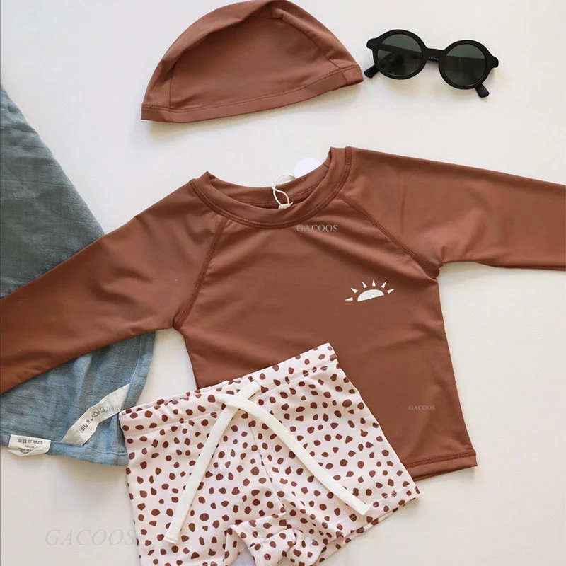 1-7T Summer Kids Boy Swimsuits Vacation Beach Pants Long sleeve Tops with Hat Toddler Sets SPF 50+ Children Surfing Swim Suit thumbnail 2