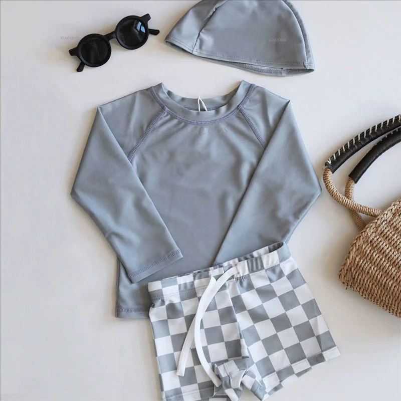 1-7T Summer Kids Boy Swimsuits Vacation Beach Pants Long sleeve Tops with Hat Toddler Sets SPF 50+ Children Surfing Swim Suit thumbnail 5