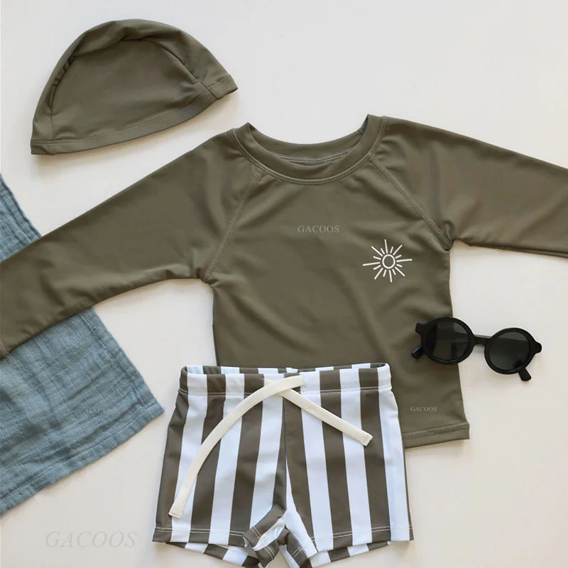 1-7T Summer Kids Boy Swimsuits Vacation Beach Pants Long sleeve Tops with Hat Toddler Sets SPF 50+ Children Surfing Swim Suit thumbnail 4