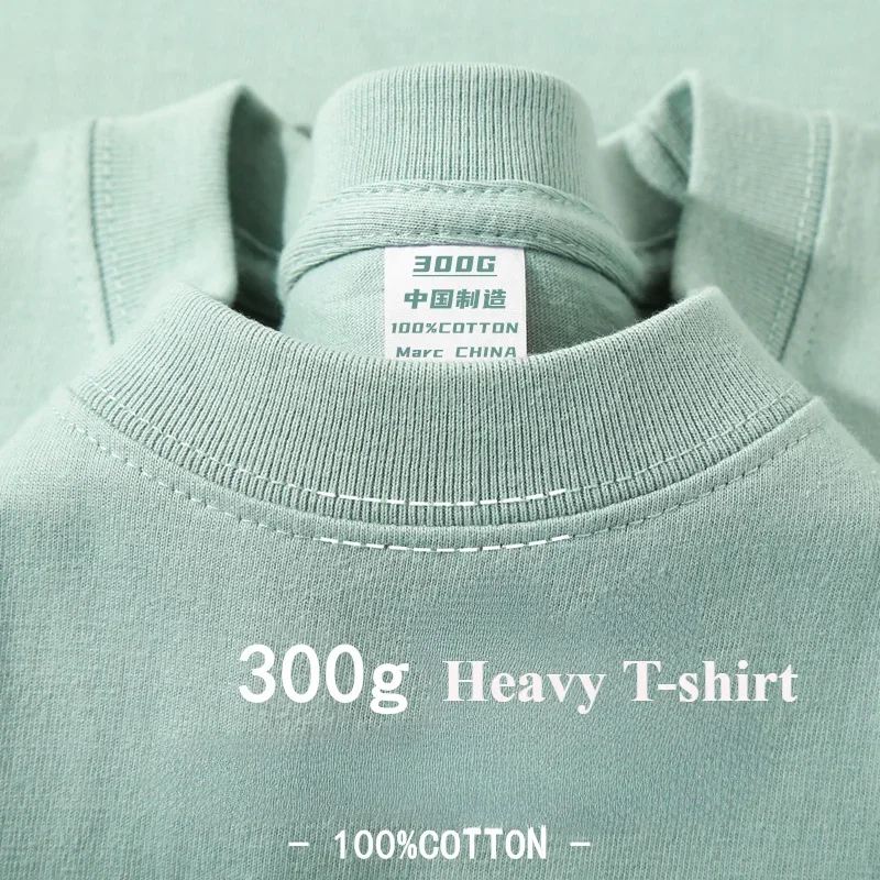 Summer Light Green Heavy Weight 300G Short Sleeved T-shirt Cotton  Men's Loose Casual Base Shirt Korean Tee Women's thumbnail 3