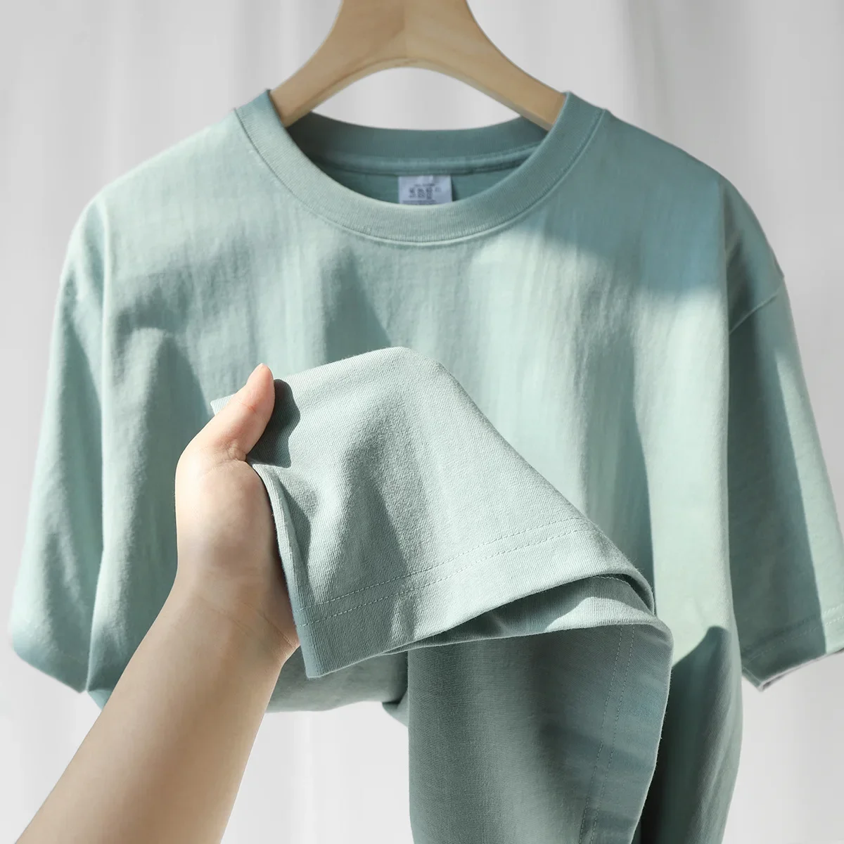 Summer Light Green Heavy Weight 300G Short Sleeved T-shirt Cotton  Men's Loose Casual Base Shirt Korean Tee Women's thumbnail 4