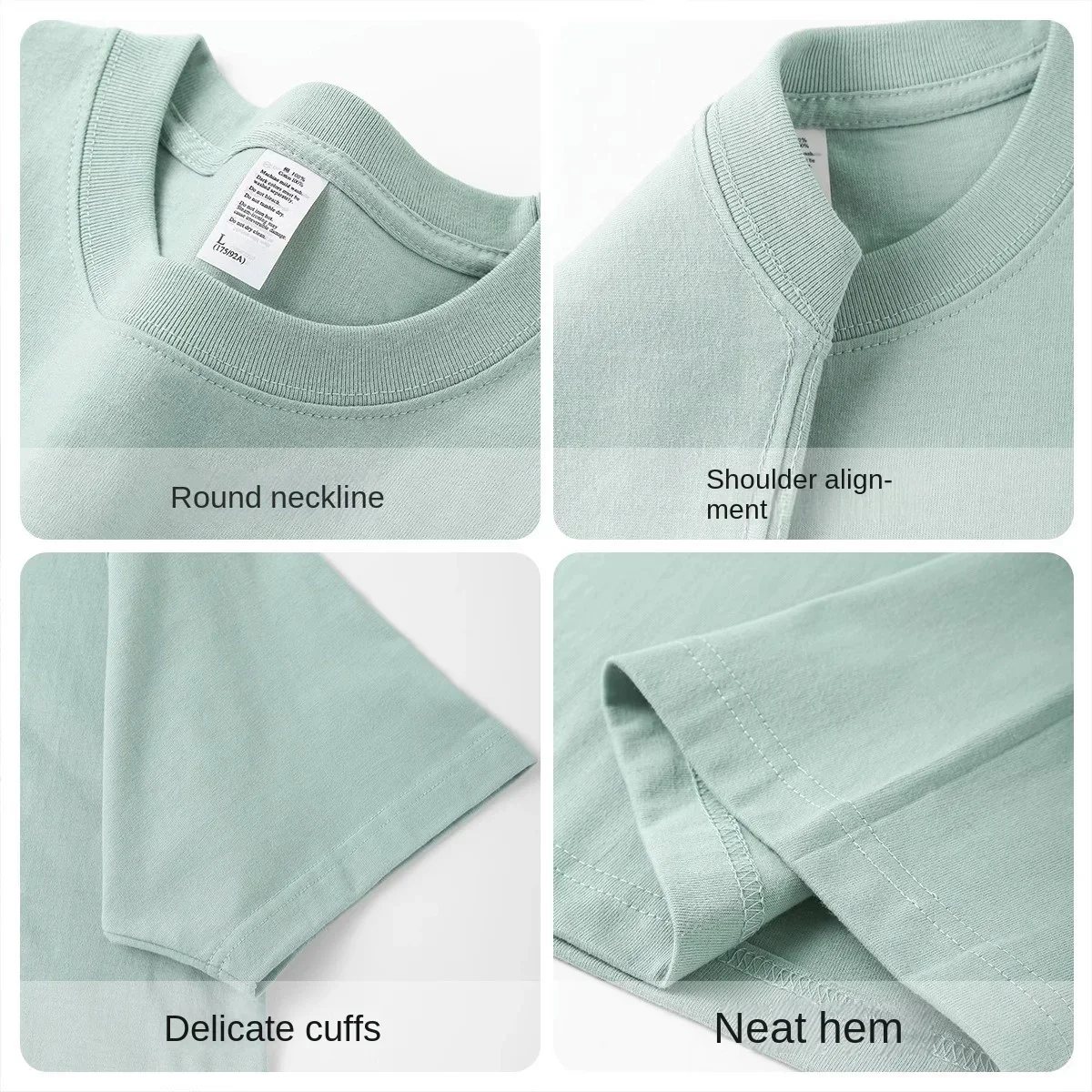 Summer Light Green Heavy Weight 300G Short Sleeved T-shirt Cotton  Men's Loose Casual Base Shirt Korean Tee Women's thumbnail 5