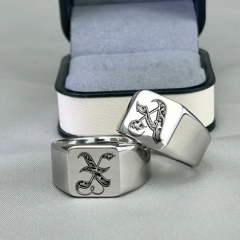 Personalised Initial Engrave A to Z Alphabet Stainless Steel Signet Blank Plain Ring Band High Polished Gold Color Tone U.S.Size thumbnail 2