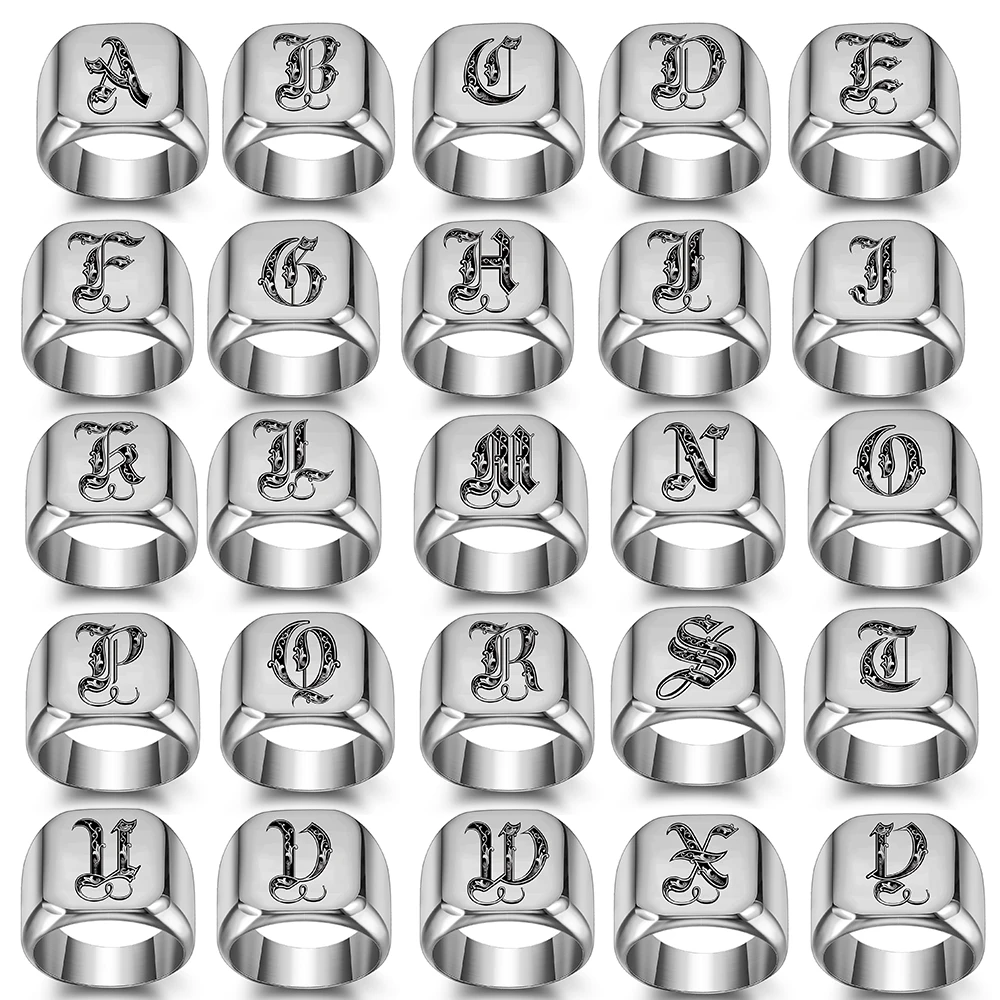 Personalised Initial Engrave A to Z Alphabet Stainless Steel Signet Blank Plain Ring Band High Polished Gold Color Tone U.S.Size thumbnail 6