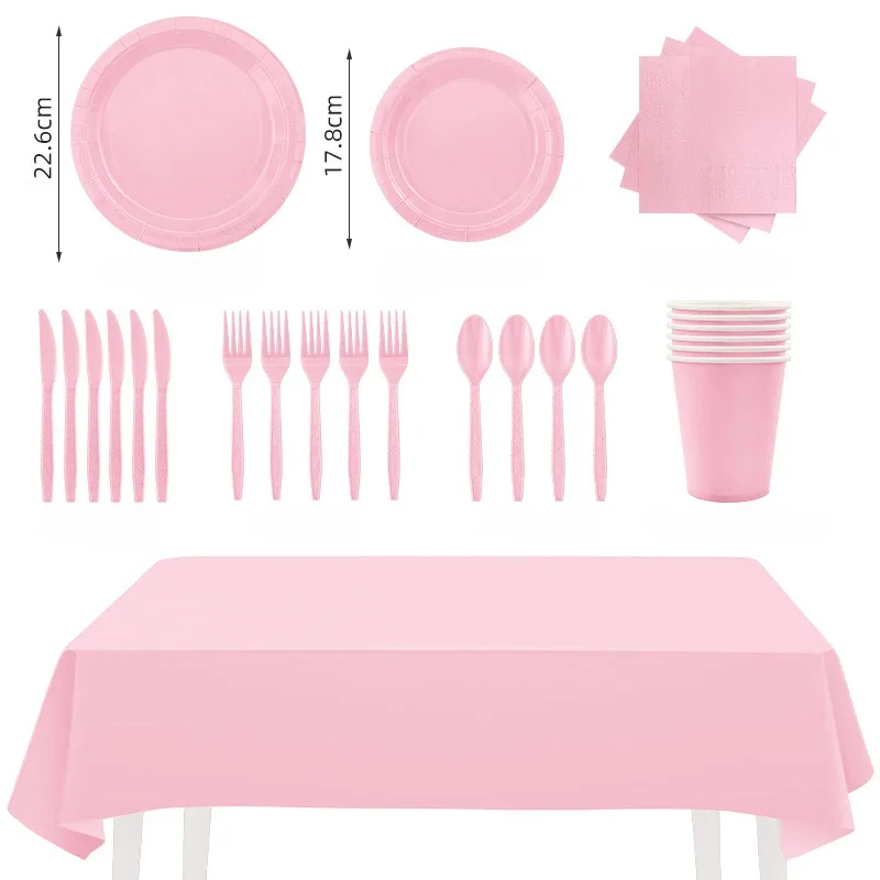 Light Pink Disposable Party Tableware Set Plates Cups Napkins Cutlery Tablecloth for Children Birthday Party Houdehold Supplies thumbnail 6
