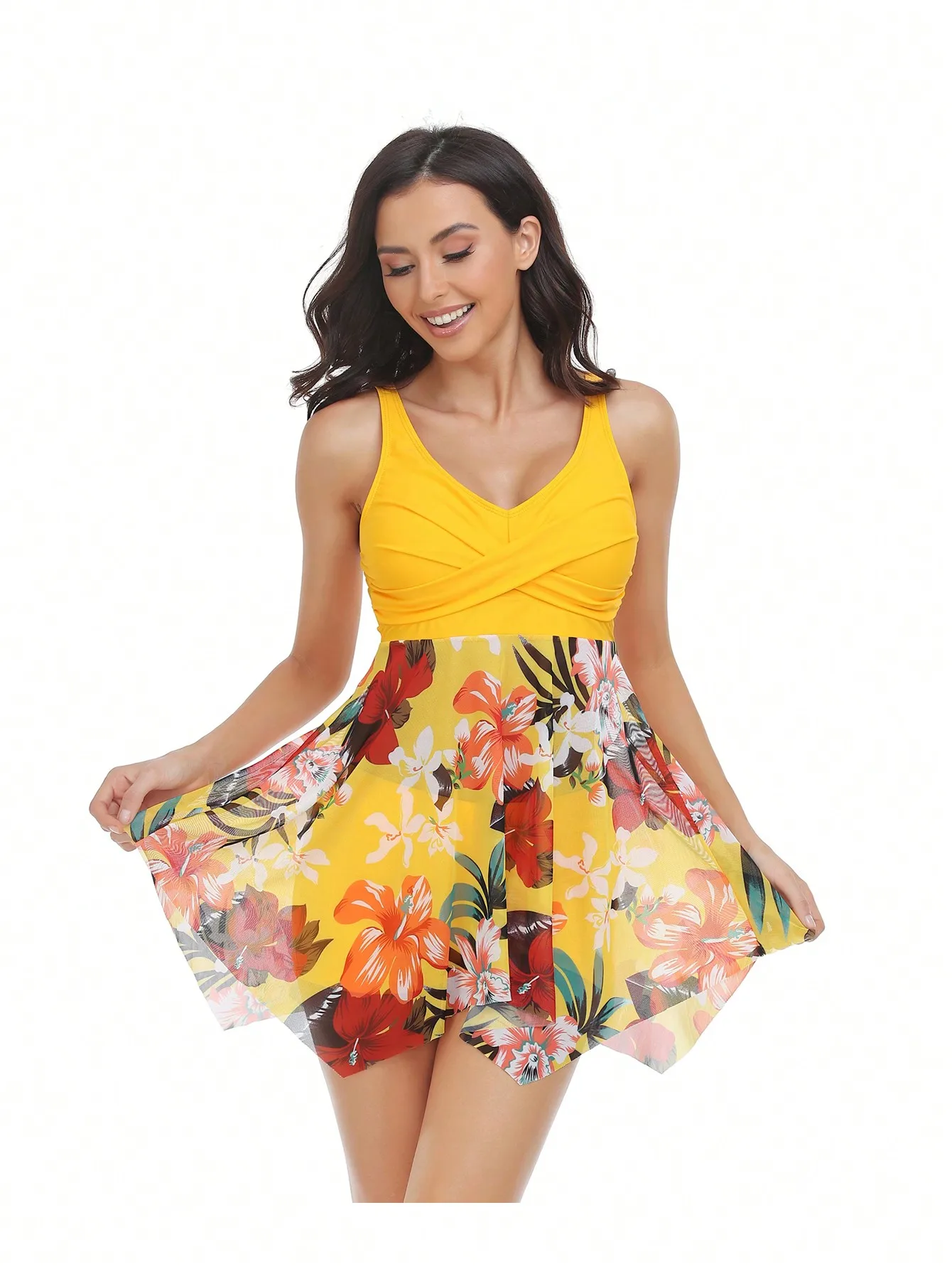 Digital printed swimsuit conservative tankini one-piece women's swimsuit mesh skirt flat corner two-piece set beach vacation swi