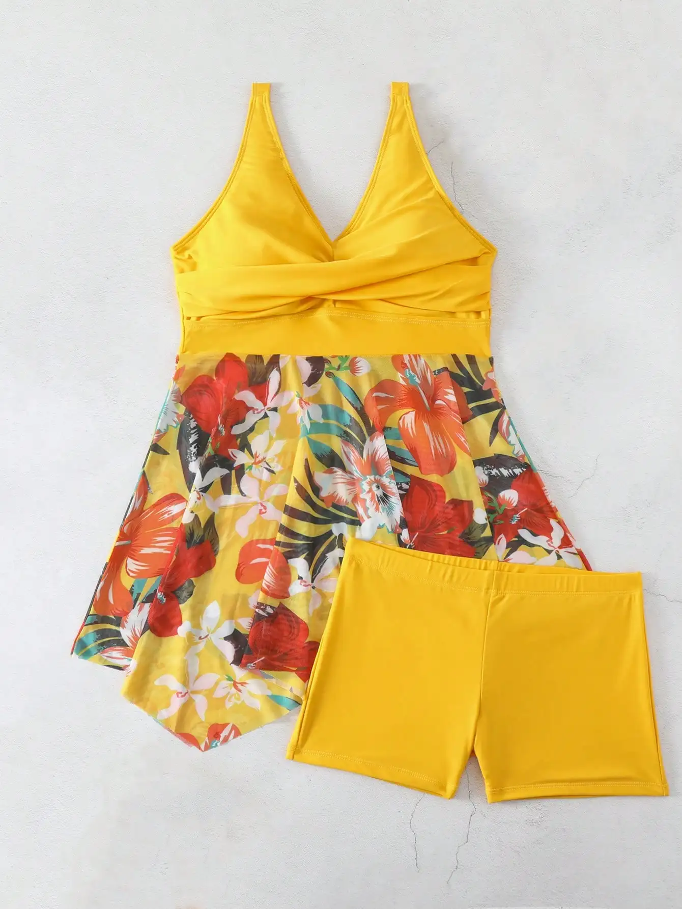 Digital printed swimsuit conservative tankini one-piece women's swimsuit mesh skirt flat corner two-piece set beach vacation swi thumbnail 4