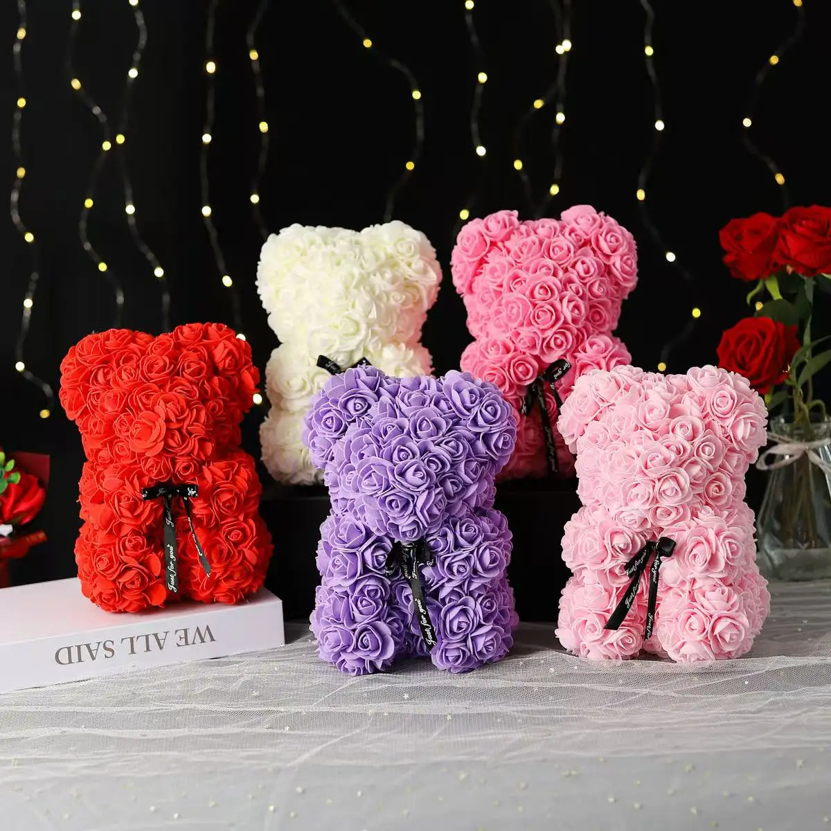 25cm Artificial Teddy Rose Flower Bear with Box Romantic Valentines Day Gift Girlfriend Women Anniversary Wedding Party Supplies thumbnail 2