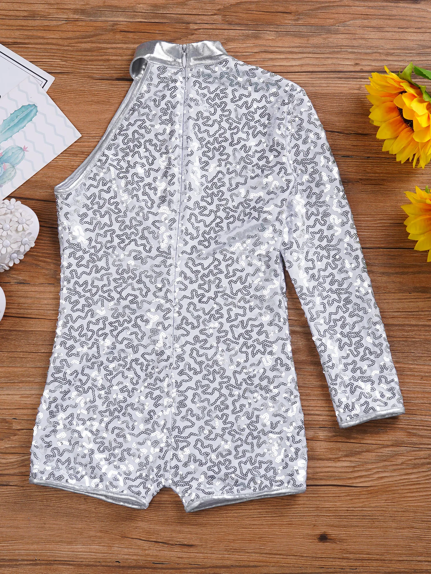 Kids Leotard Shiny Sequins Girls Single Long Sleeve Shorty Unitard Hip Hop Clothes Stage Performance Street Jazz Dance Costume thumbnail 3
