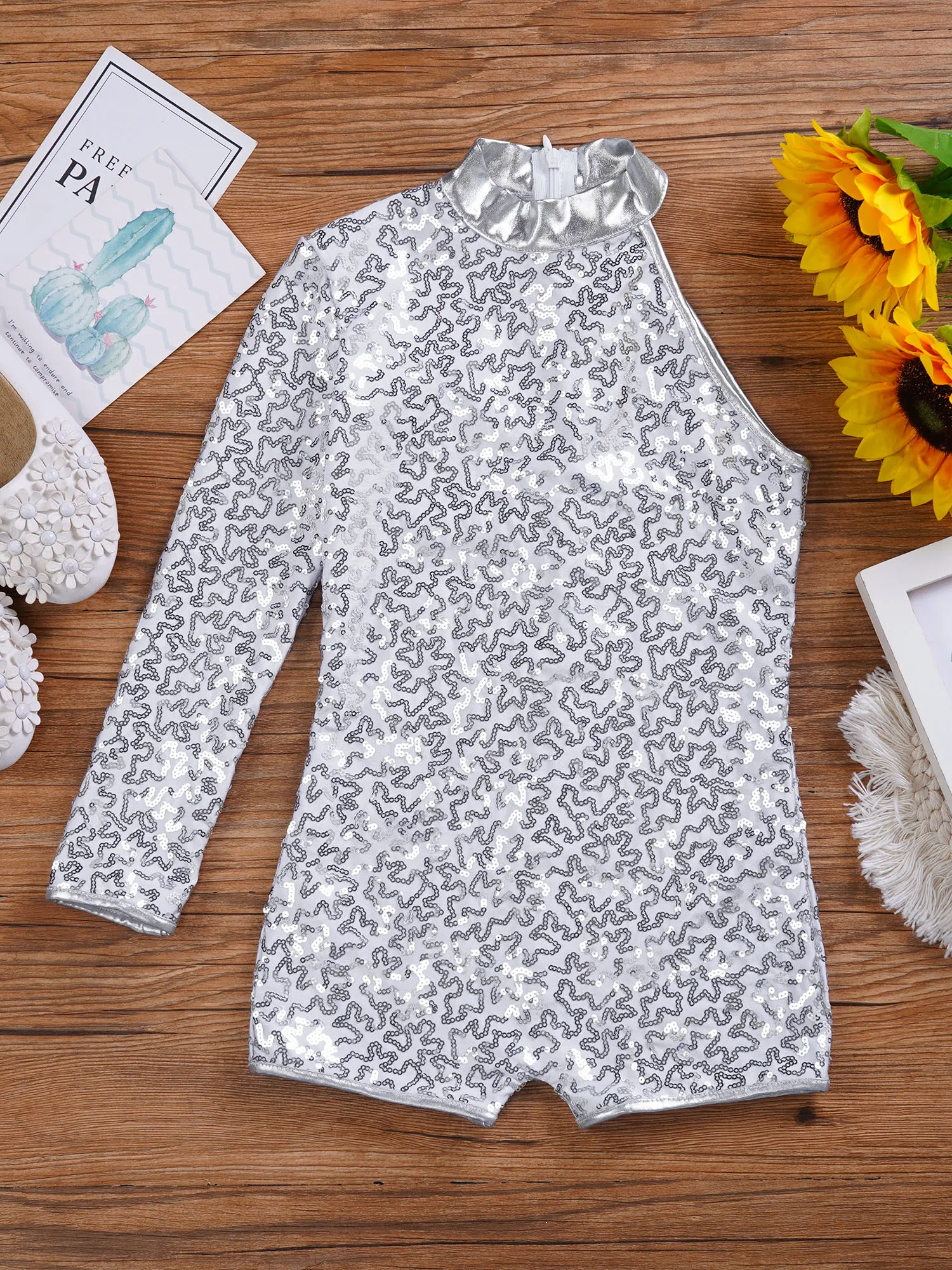 Kids Leotard Shiny Sequins Girls Single Long Sleeve Shorty Unitard Hip Hop Clothes Stage Performance Street Jazz Dance Costume thumbnail 4