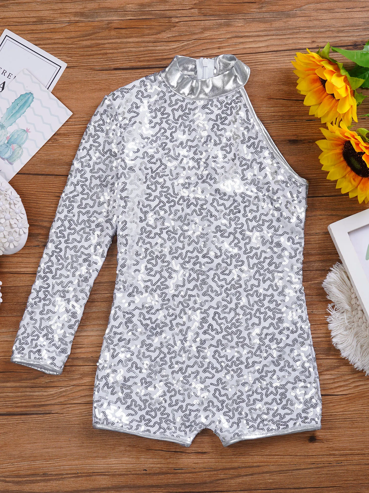 Kids Leotard Shiny Sequins Girls Single Long Sleeve Shorty Unitard Hip Hop Clothes Stage Performance Street Jazz Dance Costume thumbnail 5
