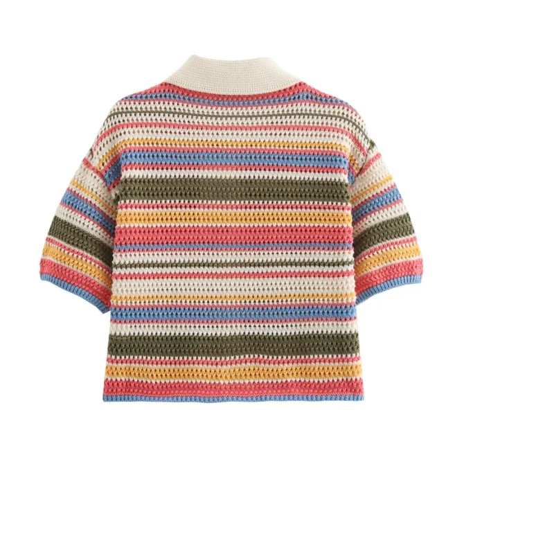 Women Patchwork Striped Hollow Out Crochet Knitted Crop Sweater Shorts Set Short Sleeve Polo Collar Sweater Knit Shorts Suit Y2K thumbnail 6