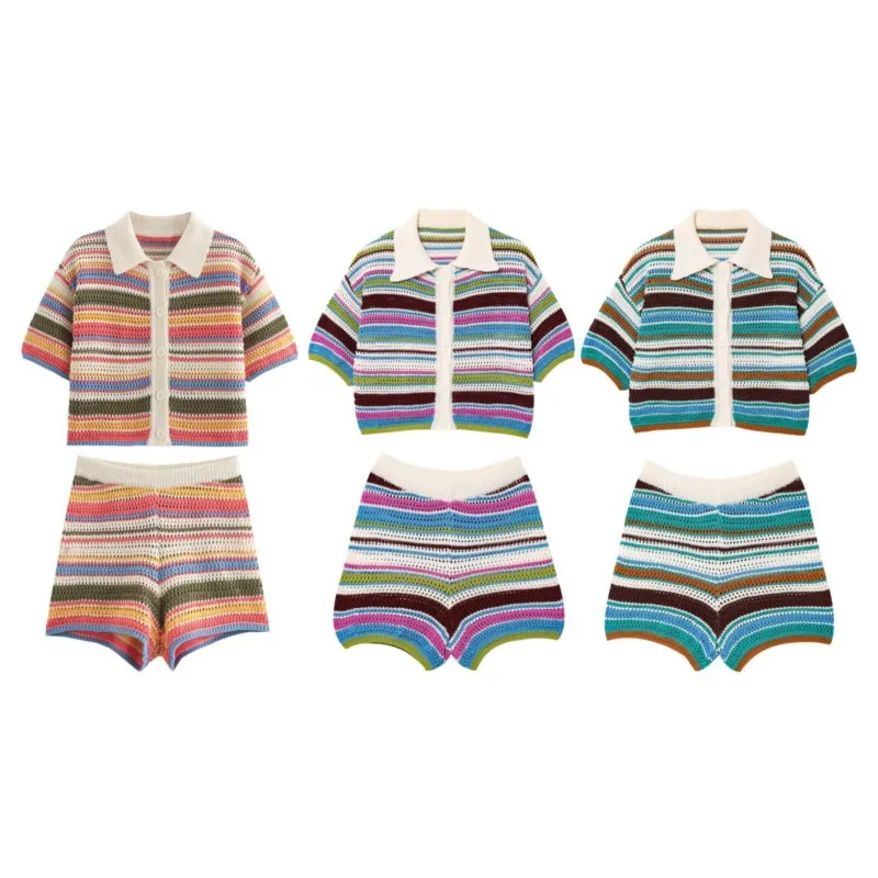 Women Patchwork Striped Hollow Out Crochet Knitted Crop Sweater Shorts Set Short Sleeve Polo Collar Sweater Knit Shorts Suit Y2K