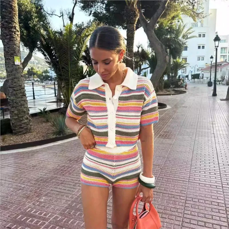 Women Patchwork Striped Hollow Out Crochet Knitted Crop Sweater Shorts Set Short Sleeve Polo Collar Sweater Knit Shorts Suit Y2K thumbnail 2