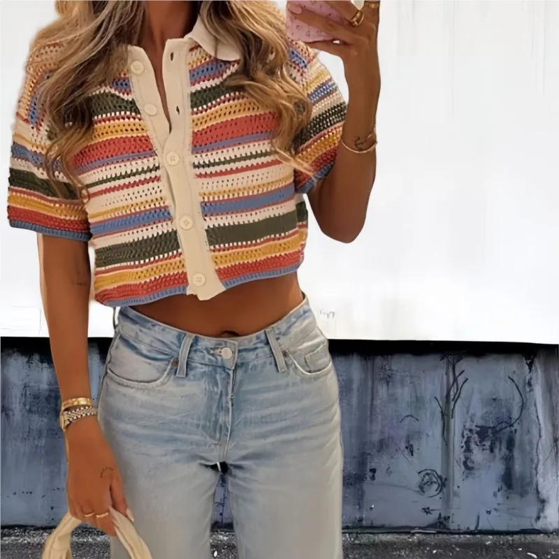Women Patchwork Striped Hollow Out Crochet Knitted Crop Sweater Shorts Set Short Sleeve Polo Collar Sweater Knit Shorts Suit Y2K thumbnail 4