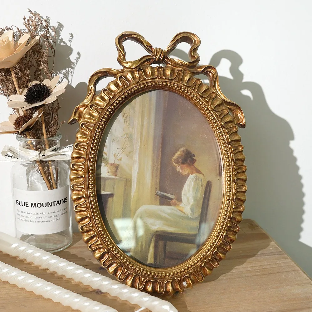 Vintage Oval Picture Frame with Bowknot Photo Frame for Wall Hanging Or Tabletop Ideal for Home Decoration And Wedding Displays thumbnail 2