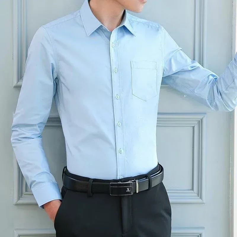 Men Anti Wrinkle Free Business Comfort Fashion Breathable Slim Shirt Elastic New Long Sleeve Shirt Solid Color Comfortable Shirt thumbnail 3