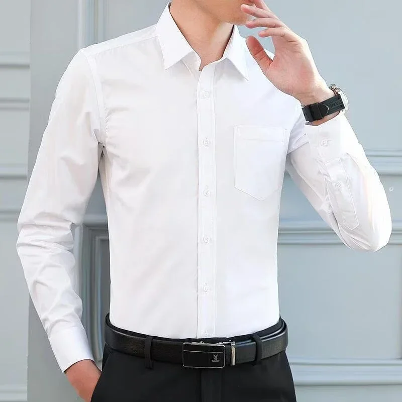 Men Anti Wrinkle Free Business Comfort Fashion Breathable Slim Shirt Elastic New Long Sleeve Shirt Solid Color Comfortable Shirt thumbnail 2