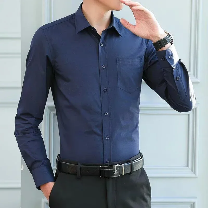 Men Anti Wrinkle Free Business Comfort Fashion Breathable Slim Shirt Elastic New Long Sleeve Shirt Solid Color Comfortable Shirt thumbnail 4
