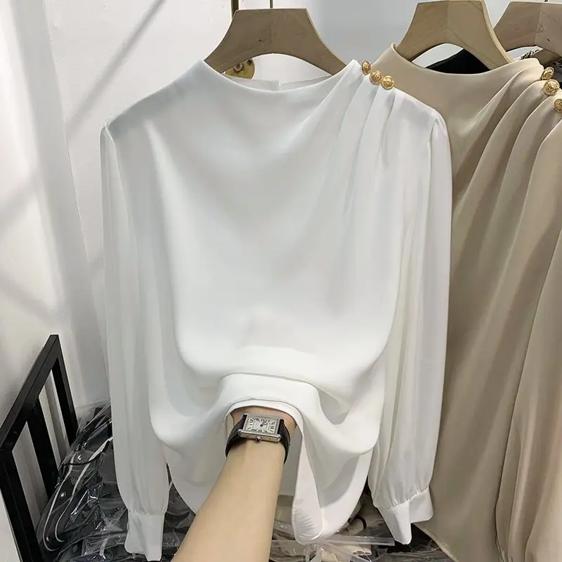 Women Clothing Thin Spring New Long Sleeve Button Patchwork Elegant Blouse Solid Loose Vintage Shirt Tops Fashion Temperament thumbnail 2