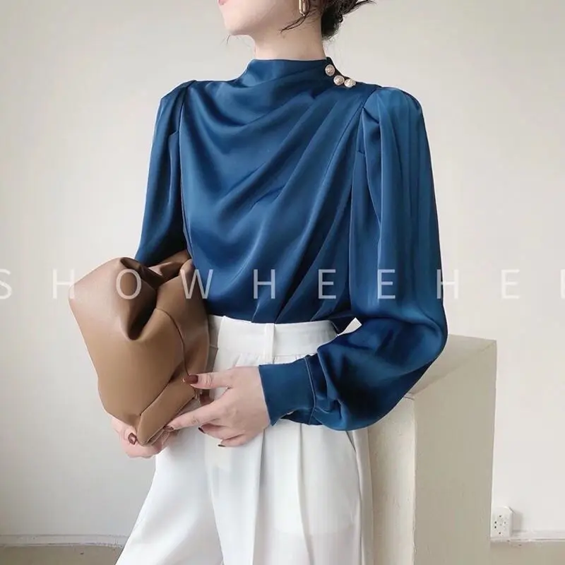 Women Clothing Thin Spring New Long Sleeve Button Patchwork Elegant Blouse Solid Loose Vintage Shirt Tops Fashion Temperament thumbnail 5