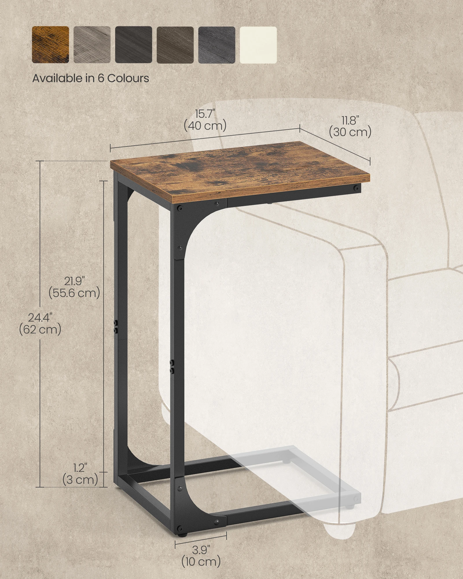 VASAGLE C-Shaped Side Table, Bedside Table, Sofa Side Table, Coffee Table, with Metal Frame, Industrial