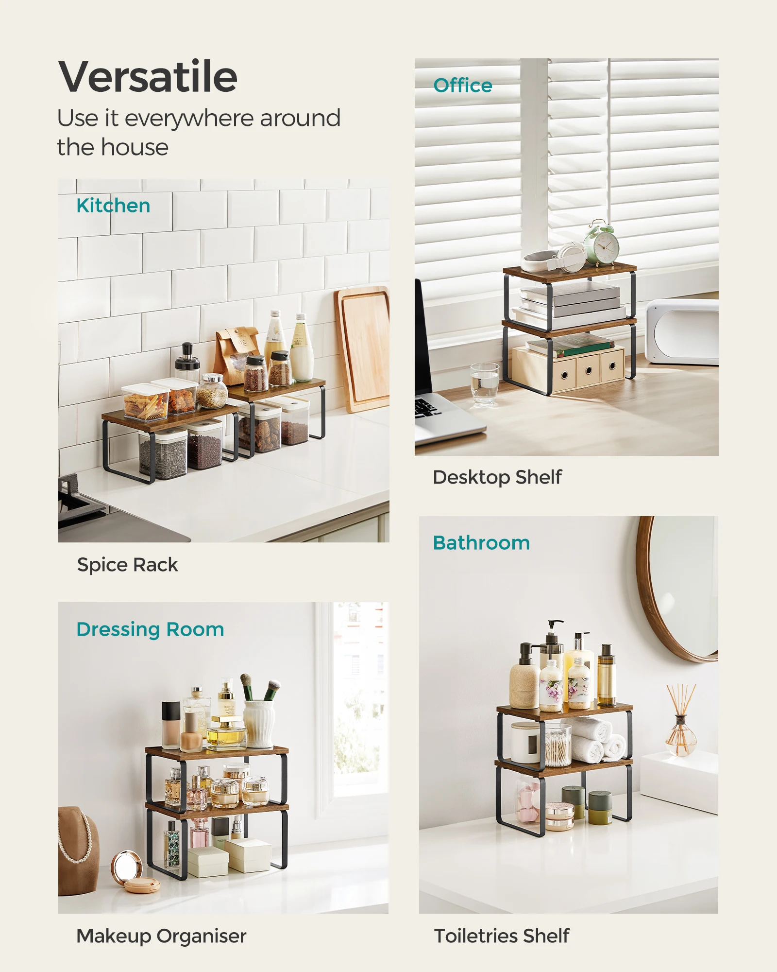 SONGMICS Spice Rack, Set of 2 Cupboard Shelf Organiser, Expandable Kitchen Shelf Organiser, Stackable Spice Holder thumbnail 6
