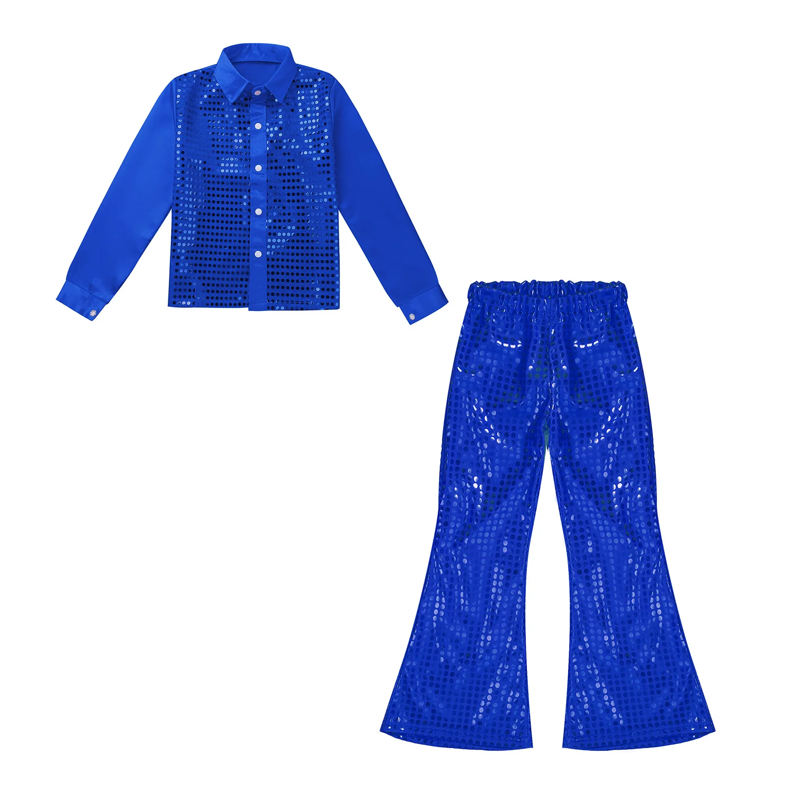 Fashion Boys Hip Hop Jazz Dance Costumes Children Kids Streetdance Outfit Glittery Sequined Outfits L Shirt + Flared Pants thumbnail 4