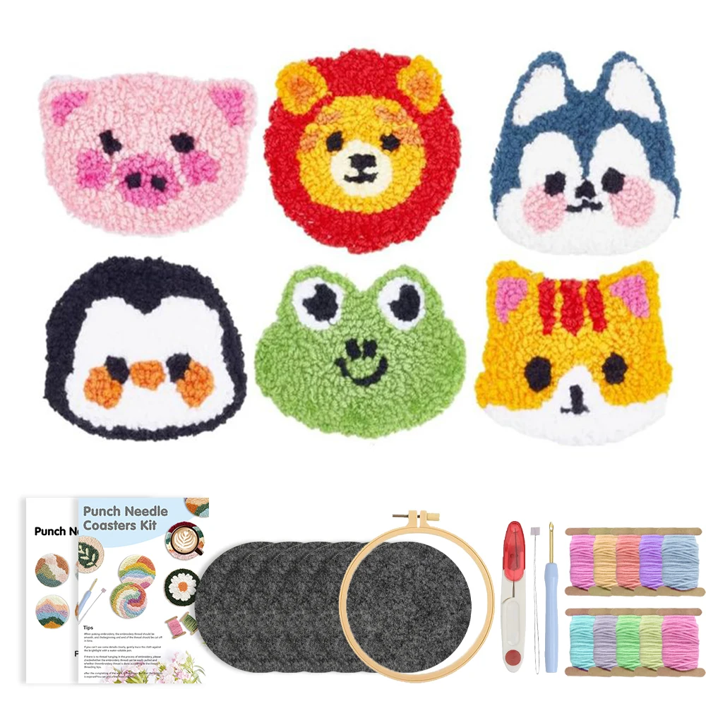 GATYZTORY 6 Set Cute Animal Punch Needle Coasters Kit for Beginners Adults Tufting Coaster Art and Crafts Handmade Home Gifts