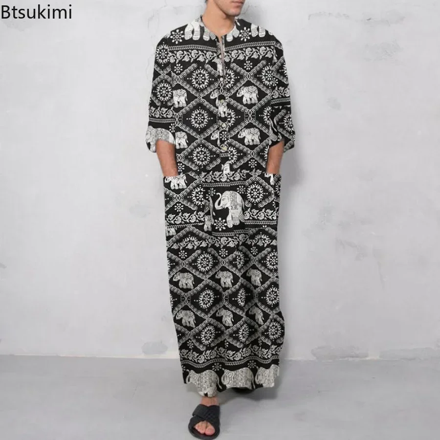 2026 Men's Muslim Clothing Abayas Cotton Linen Nightgowns Bathrobe Robe Kaftan Holiday Beach Robe Man Muslim Kaftan Arabic Dress thumbnail 3