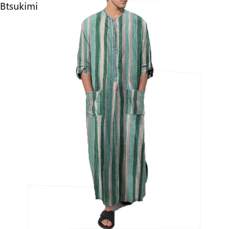 2026 Men's Muslim Clothing Abayas Cotton Linen Nightgowns Bathrobe Robe Kaftan Holiday Beach Robe Man Muslim Kaftan Arabic Dress thumbnail 6