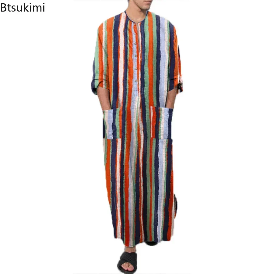 2026 Men's Muslim Clothing Abayas Cotton Linen Nightgowns Bathrobe Robe Kaftan Holiday Beach Robe Man Muslim Kaftan Arabic Dress thumbnail 5