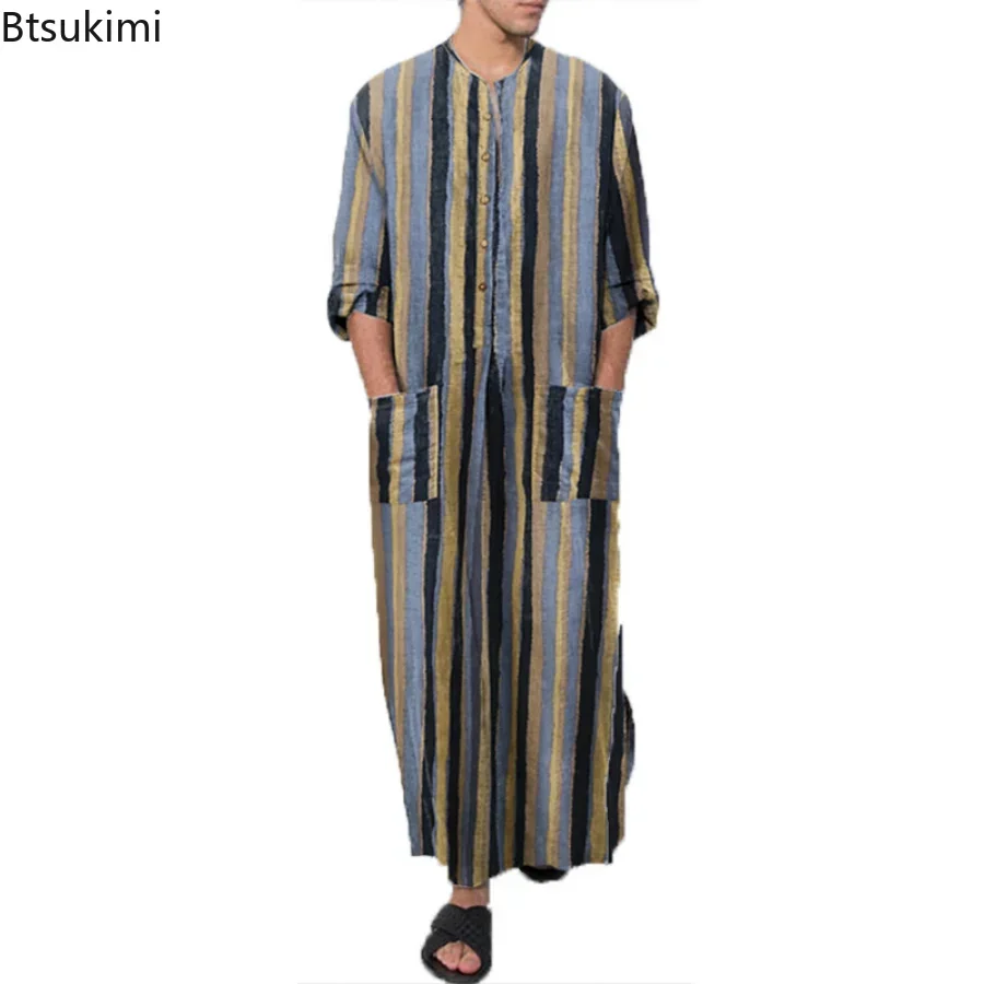 2026 Men's Muslim Clothing Abayas Cotton Linen Nightgowns Bathrobe Robe Kaftan Holiday Beach Robe Man Muslim Kaftan Arabic Dress thumbnail 4