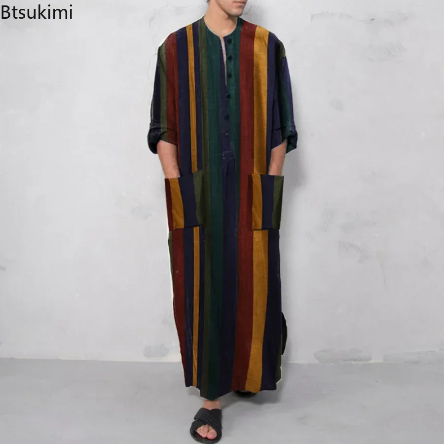 2026 Men's Muslim Clothing Abayas Cotton Linen Nightgowns Bathrobe Robe Kaftan Holiday Beach Robe Man Muslim Kaftan Arabic Dress thumbnail 2