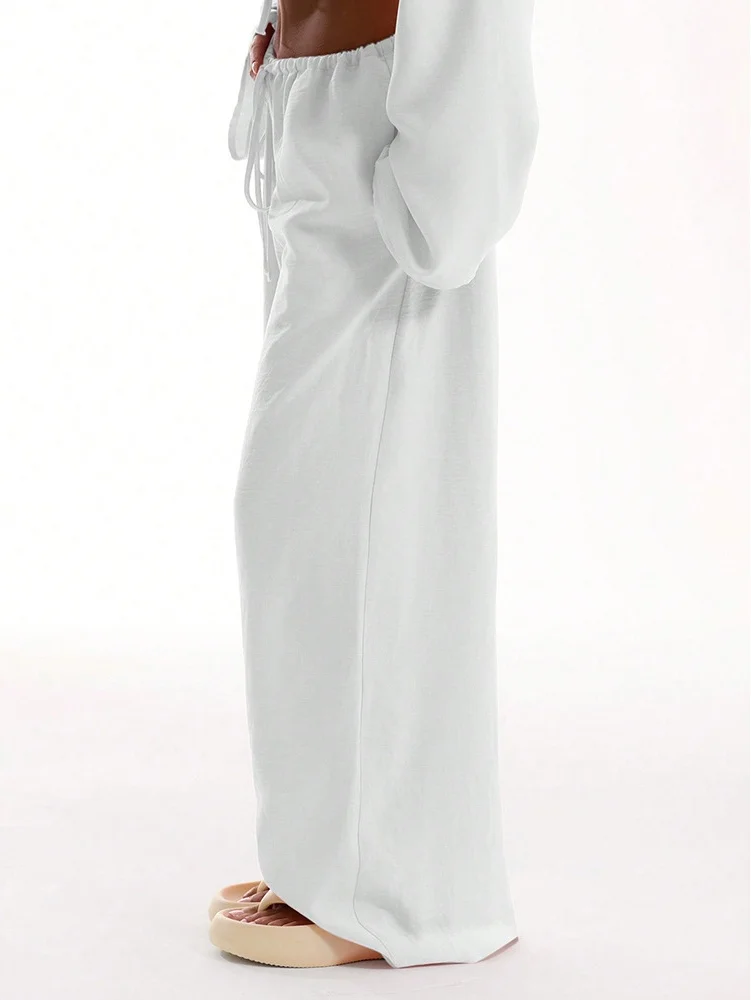 Casual Oversized White Solid Wide Leg Pants Fashion Women Elastic High Waist Pocket Baggy Sweatpant Office Lady Commute Trousers thumbnail 2
