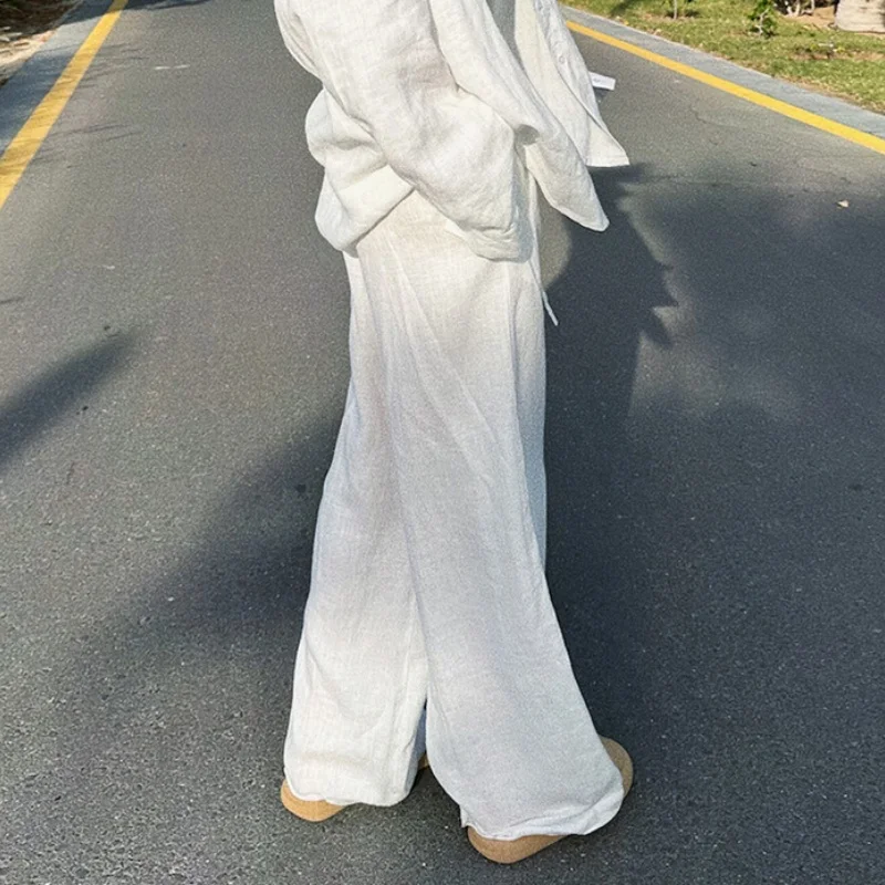 Casual Oversized White Solid Wide Leg Pants Fashion Women Elastic High Waist Pocket Baggy Sweatpant Office Lady Commute Trousers thumbnail 3