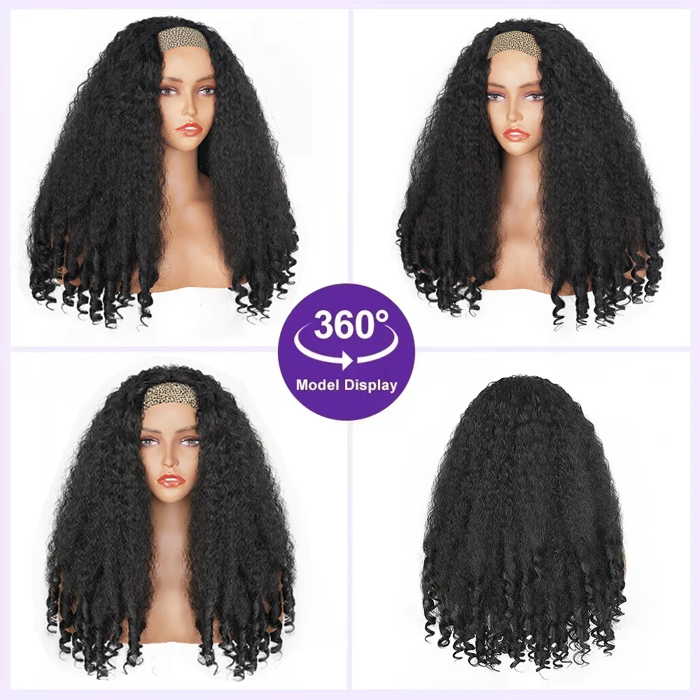 Afro Kinky Straight Headband Wigs For Black Women 22 Inch Natural Black Short Afro Yaki Straight Wigs With Headband Bouncy Curly thumbnail 4