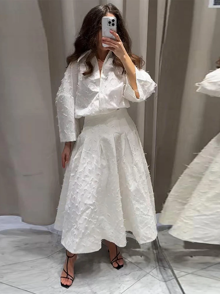 Elegant Shirt Skirt Set Women Lapel Long Sleeve Loose T-shirt High Waist Pleated Long Skirts Suits 2026 Spring Street Lady Sets