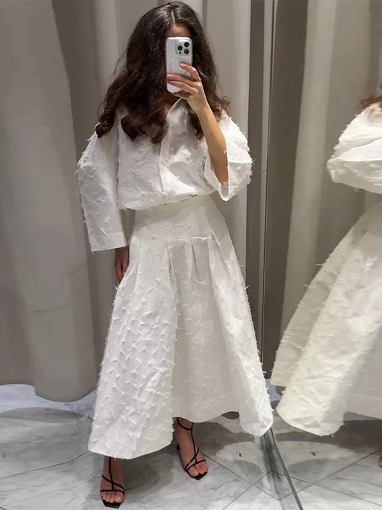 Elegant Shirt Skirt Set Women Lapel Long Sleeve Loose T-shirt High Waist Pleated Long Skirts Suits 2026 Spring Street Lady Sets thumbnail 2