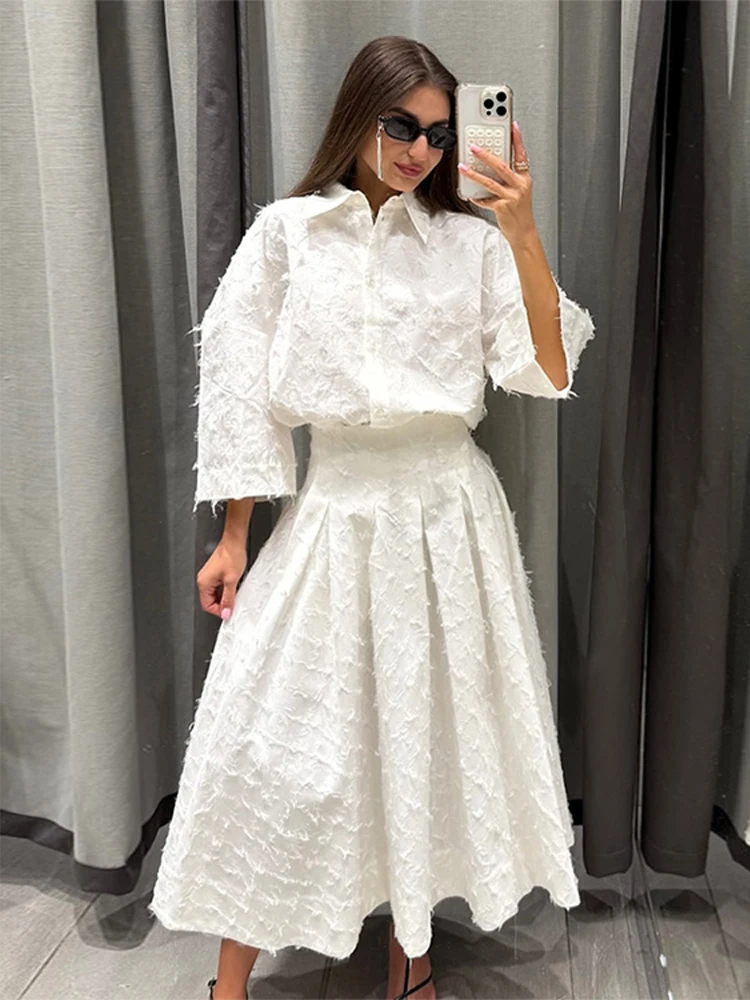 Elegant Shirt Skirt Set Women Lapel Long Sleeve Loose T-shirt High Waist Pleated Long Skirts Suits 2026 Spring Street Lady Sets thumbnail 5