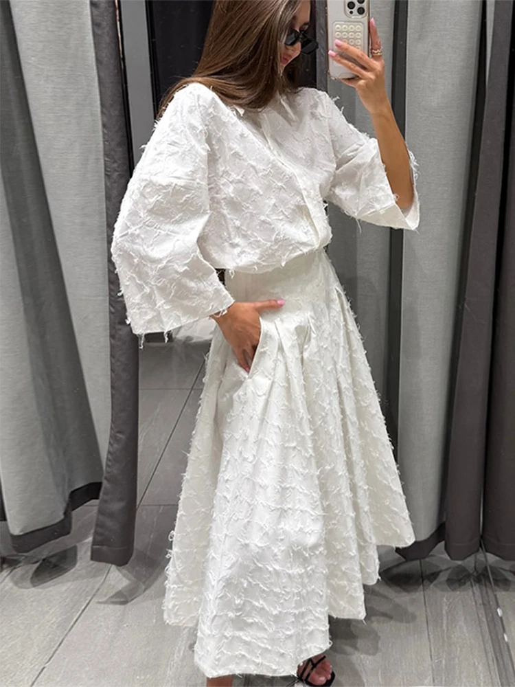 Elegant Shirt Skirt Set Women Lapel Long Sleeve Loose T-shirt High Waist Pleated Long Skirts Suits 2026 Spring Street Lady Sets thumbnail 6