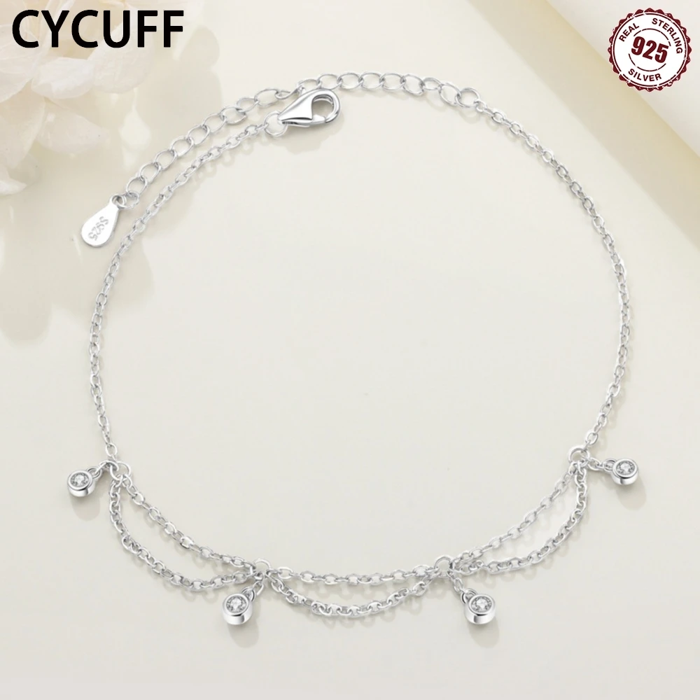 CYCUFF 925 Sterling Silver For Women Fashion Inlaid Stone Tassel Chain Anklet Classic Style Anklet Girls Original Party Jewelry