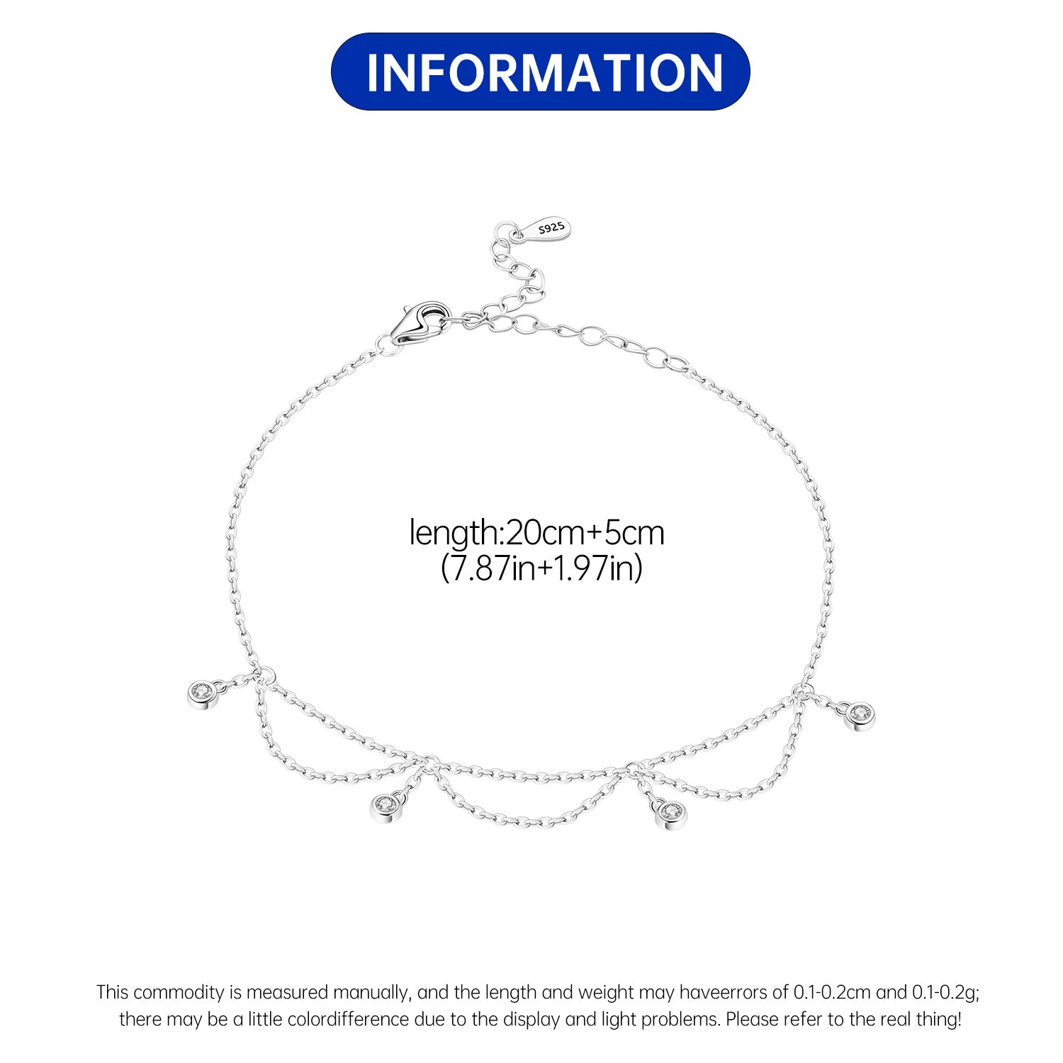 CYCUFF 925 Sterling Silver For Women Fashion Inlaid Stone Tassel Chain Anklet Classic Style Anklet Girls Original Party Jewelry thumbnail 6