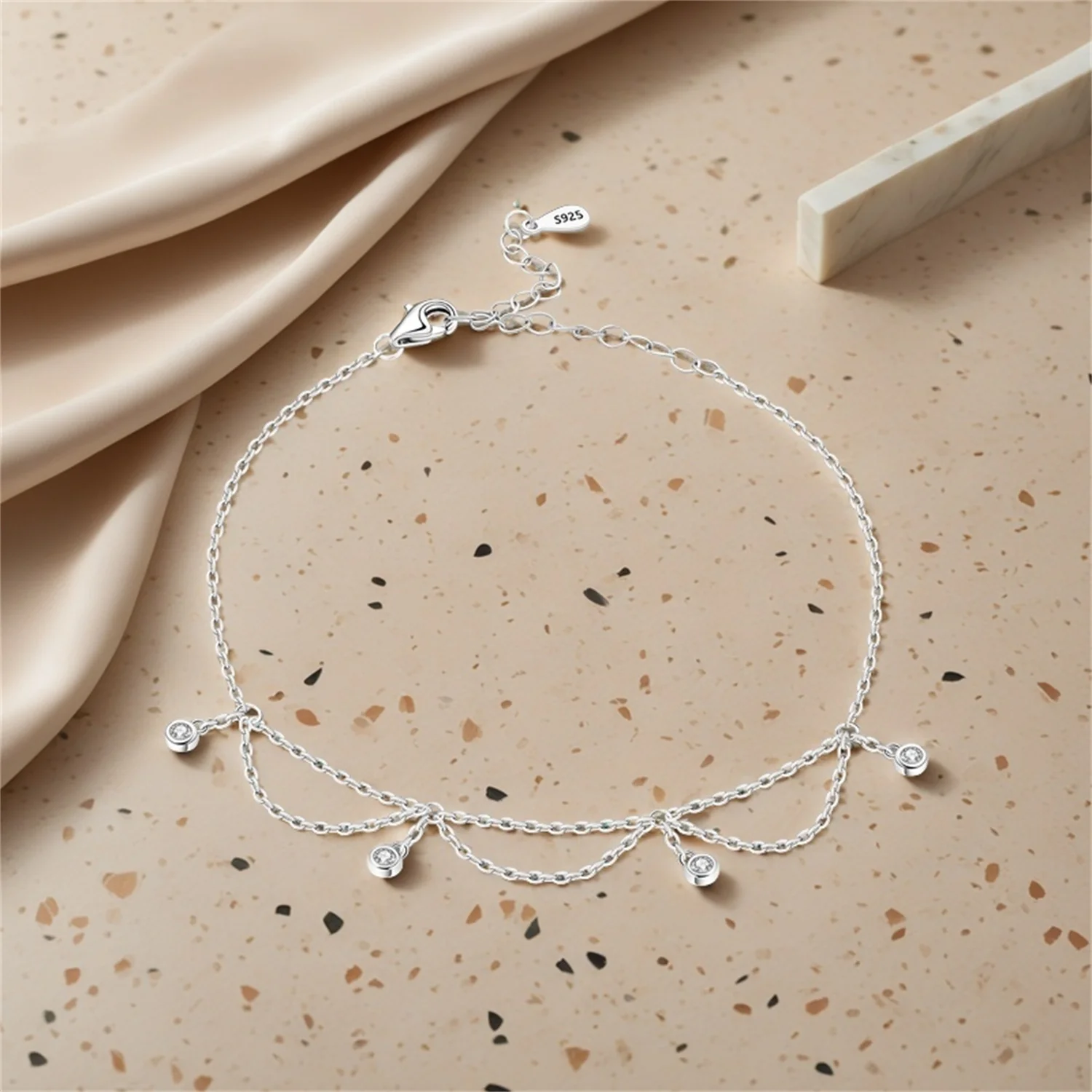 CYCUFF 925 Sterling Silver For Women Fashion Inlaid Stone Tassel Chain Anklet Classic Style Anklet Girls Original Party Jewelry thumbnail 4
