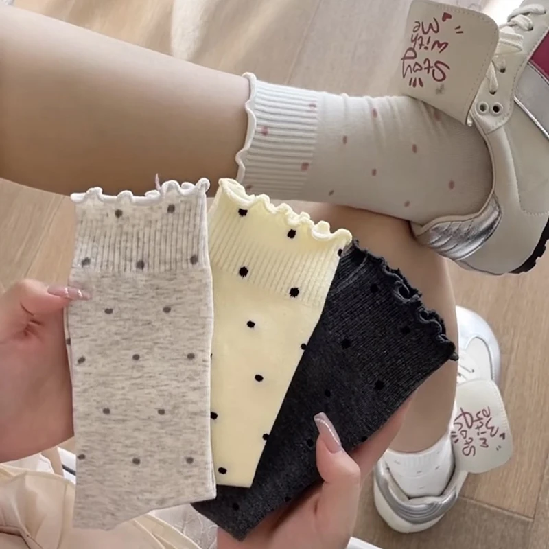 5/10 Pairs Women Wave Edged Polka Dot Mid Tube Socks Spring Summer Thin Sweat Absorbing Breathable Ballet Style Casual Socks thumbnail 4