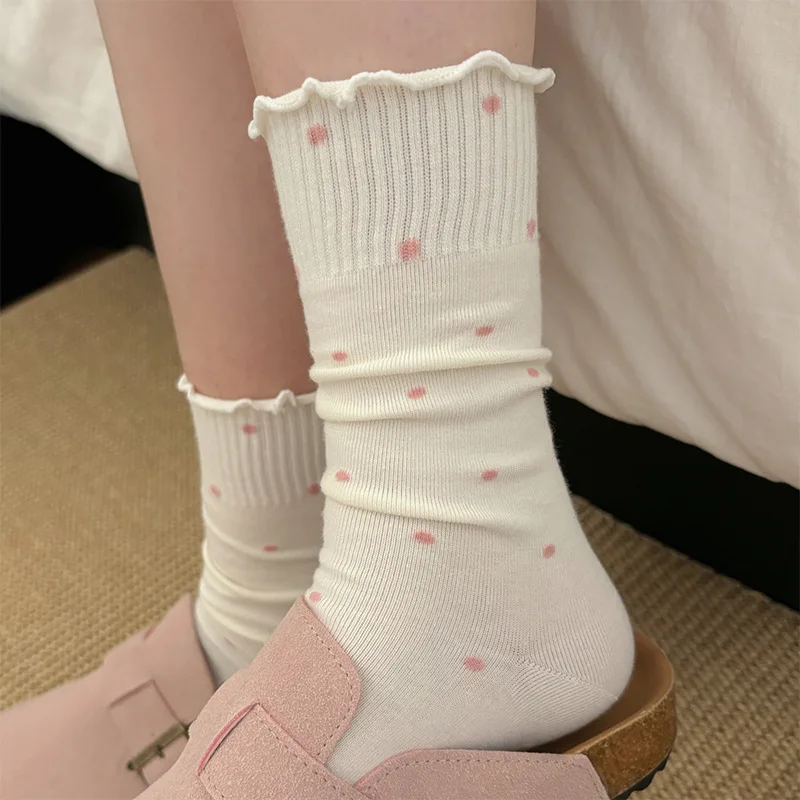 5/10 Pairs Women Wave Edged Polka Dot Mid Tube Socks Spring Summer Thin Sweat Absorbing Breathable Ballet Style Casual Socks thumbnail 5